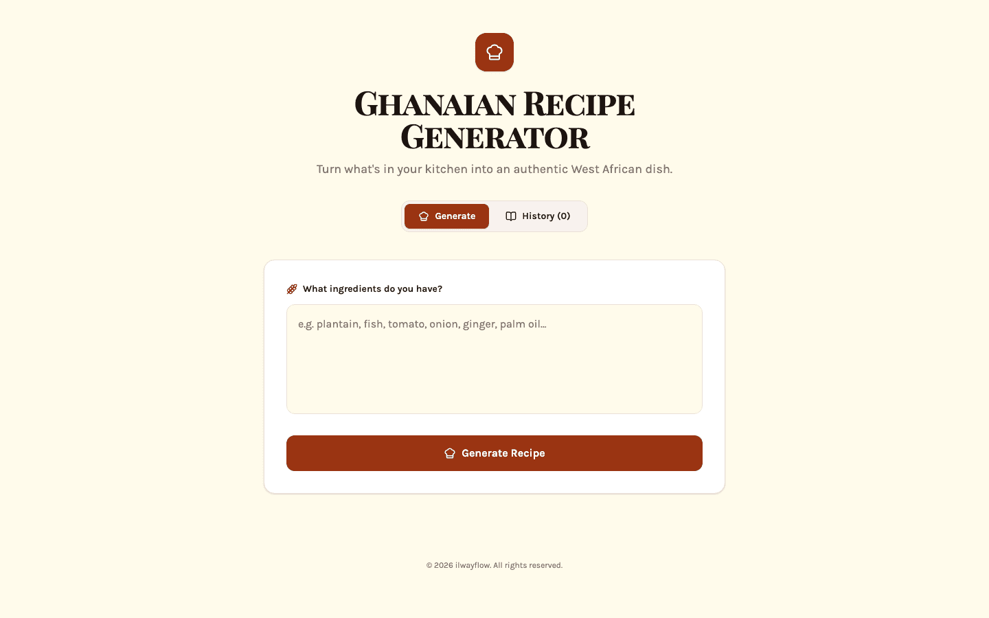 Ghanaian Recipe Generator interface